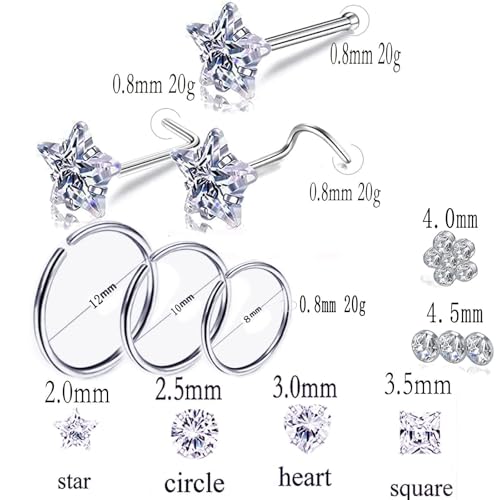Nose Rings & Studs - 18g, 20g, 22g 14K Gold Bone Nose Studs for Women in Titanium Steel - color: 20g 10pcs Gold Bone 316L Surgical Steel