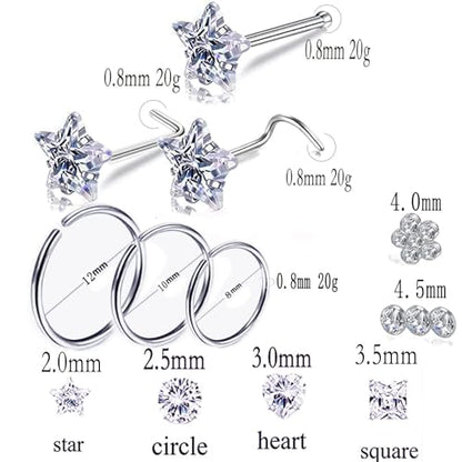 Nose Rings & Studs - 18g, 20g, 22g 14K Gold Bone Nose Studs for Women in Titanium Steel - color: 20g 10pcs Gold Bone 316L Surgical Steel