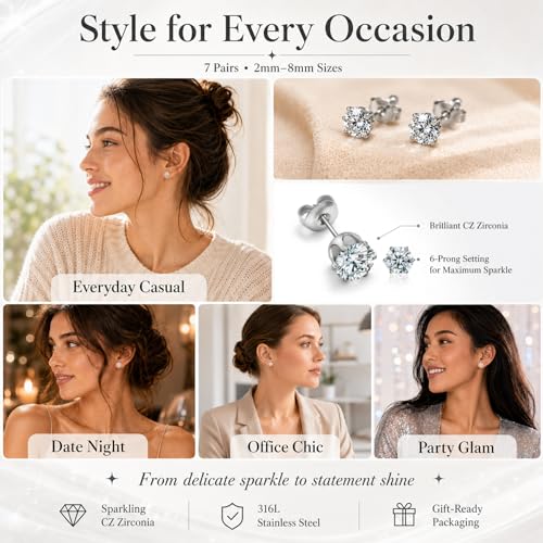 316L Stainless Steel Stud Set for Women Men, 20G Hypoallergenic Cartilage Jewelry with 2mm–8mm CZ Zirconia, Silver & Gold for Sensitive Ear Piercing - color: White Gold-7 Pairs Set