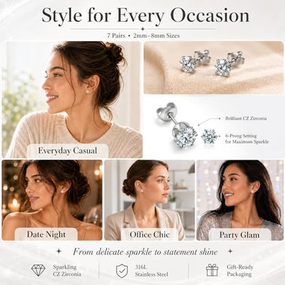 316L Stainless Steel Stud Set for Women Men, 20G Hypoallergenic Cartilage Jewelry with 2mm–8mm CZ Zirconia, Silver & Gold for Sensitive Ear Piercing - color: White Gold-7 Pairs Set