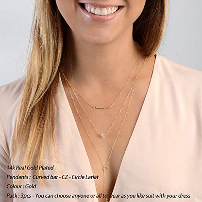 Turandoss Gold Layered Necklaces for Women - 14K Gold Plated Handmade Multilayer Bar Pearls Coin Disc Moon Butterfly Medallion Adjustable Dainty Layered Choker Necklaces for Women Jewelry - style: 3 Layered Necklace - Curved Bar&CZ&Circle Lariat