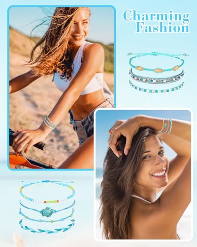Hicarer 21 PC Surfer Wave Friendship Bracelet Set Waterproof Adjustable Boho Beach String Anklets Bulk, Summer Gift for Women - style: Blue Series