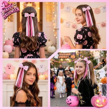2PCS Pink Ghost Hair Bow Clips 7.1" Long Tail Ribbon Streamers | Grosgrain Ribbon, Sparkling Sequin Strands, Lined Alligator Clip, Holiday Ponytail Styling, Photography Accents - color: Pink Ghost