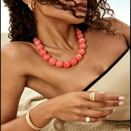 Chunky Necklaces for Women Trendy 20MM Large Resin Beaded Necklace Bold Statement Chunky Choker Necklace Boho Beads Summer Beach Jewelry - color: Orange - red