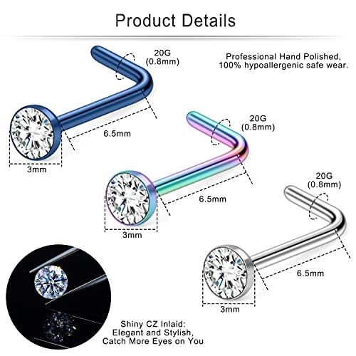 Cisyozi 18G 20G 22G Nose Rings and Studs - 316L Surgical Steel Hypoallergenic Piercing Jewelry for Women Men - L Shaped Straight Nostril Screw - Diamond CZ 1.5mm 2mm 2.5mm 3mm 12Pcs - style: L Shaped-20G-CZ 3mm