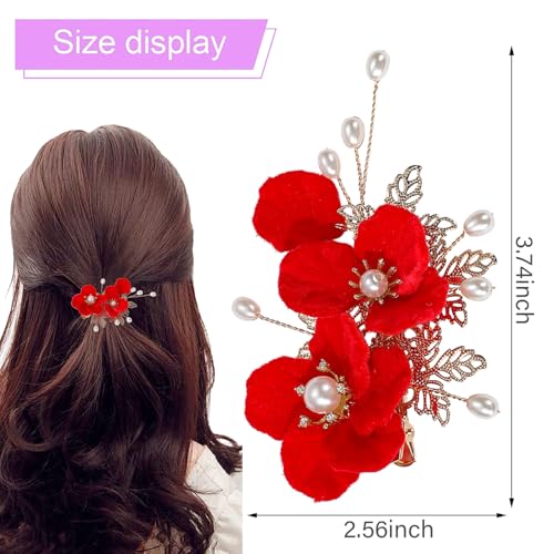Bridal Flower Hair Clips, Crystal Hair Pins Pearl Rhinestone Hair Barrettes, Wedding Hair Pieces Pearl Headpieces Hair Accessories for Women Girls - color: Light Red