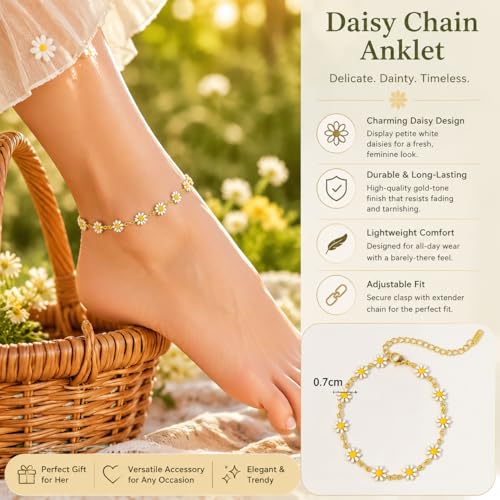 Women's Stainless Steel Daisy Anklet Gold Chain Dainty Flower Ankle Bracelet for Summer Beach Wear - color: White Daisy