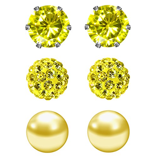JewelrieShop Birthstone Studs Earring Set Cubic Zirconia Rhinestones Crystal Ball Faux Pearl Stainless Steel Stud Earrings for Women Jewelry Gift (6mm Round,3 Pairs) - color: 11) Nov. - Yellow