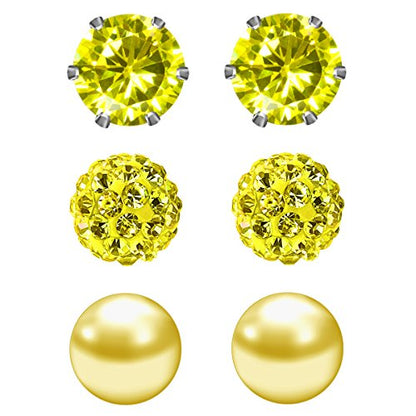 JewelrieShop Birthstone Studs Earring Set Cubic Zirconia Rhinestones Crystal Ball Faux Pearl Stainless Steel Stud Earrings for Women Jewelry Gift (6mm Round,3 Pairs) - color: 11) Nov. - Yellow