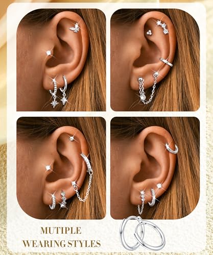 3 Pairs Dangle Hoop Chain Earrings Stacks for Women Trendy Huggie Earring | Non-Tarnish 5A CZ Stones Hoops Earrings Set for Multiple Piercing - style: Silver Plated-Twist