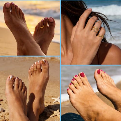 3PCS Toe Rings for Women 14K Gold Filled Adjustable Toe Ring Set Cute CZ Leaf Double Band Open Toe Rings Sterling Silver Plated Hawaiian Beach Summer Foot Jewelry - color: A-Gold