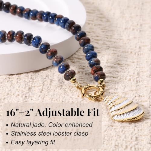 SAMYA Gemstone Beaded Necklace for Women | Ocean Charm Necklace with 8x4mm Natural Dyed Jade Beads, Adjustable 16"+2" Beach Necklace for Women - color: Deep blue jade