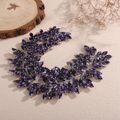 Missgrace Women Silver Green Black Red Blue Handmade Full Crystal Rhinestone Large Headband Hair Vine Shinny Headpiece Bridal Wedding Hair Accessories for Women (Purple) - color: Purple