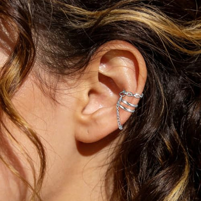 Ear Cuff Earrings for Women Non Piercing Helix Cartilage Clip on Ear Cuffs 14K Gold Plated & Sterling Silver Stainless Steel Hypoallergenic Huggie Hoop Fake Earring Set Jewelry Gift - color: K3-Silver Chain Set
