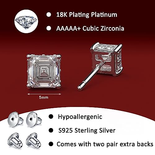 Asscher Cut Cubic Zirconia Stud Earrings for Men Women | Square CZ Simulated Diamond Studs, 18K White Gold Plated Sterling Silver - color: White Gold, size: 5MM