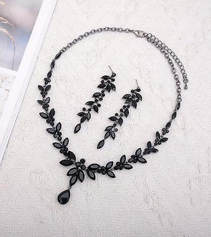 CSY Elegant Bridal Jewelry Sets Wedding Prom Homecoming Gown Accessories | Austrian Marquise Crystal Wedding Necklace Dangle Earrings Tennis Bracelet Ring Set for Bride Women Costume Accessories - color: black