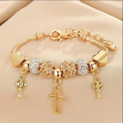 Gold Charm Bracelet for Women, Adjustable Cross Bracelet with Heart Charms & Bling Beads, Cute Dainty Jewelry Gift for Her