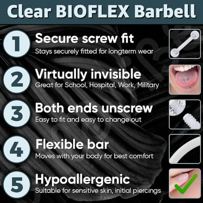 Plastic Tongue Rings For Surgery - Clear Plastic Tongue Rings For Work - Hypoallergenic Straight Barbell Bioflex Ring Piercing Jewelry - Clear Industrial Piercing Jewelry - color: 16g - 6mm-16mm (6 set)