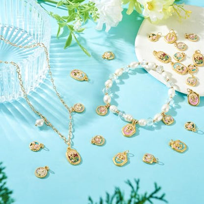20Pcs Alloy Enamel Flower Golden Charms Flat Round Oval Floral with Acrylic Pearl Bead Charms 3D French Style Oil Painting Pendants for Bracelet Necklace Earring DIY Crafts - color: Golden Plated, 10 Styles