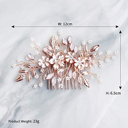 HapiBuy Wedding Hair Comb Rose Gold Crystal Simulated Pearl Bridal Hair Comb For Bride and Bridesmaid