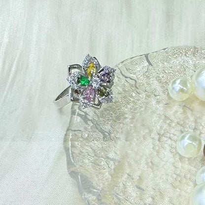 Sunflower Fidget Ring for Women Gold Anxiety Crystal Rings Cubic Zirconia Sunflower Open Adjustable Fidget Ring Spinner Sun Ring for Men Trendy Jewelry - color: Silver Colorful
