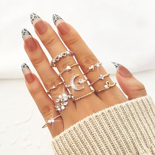 HUASAI Gold Stackable Rings Set for Women Boho Dainty Moon Star Pearl Leaf Cubic Zirconia Heart Midi Pinky Trendy Jewelry Birthday Gifts - color: R Gold Moon Star Rings 10 Pcs