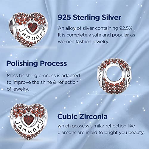 Birthstone Charms Love Heart Openwork Bead Charm for Women Bracelets and Necklaces 925 Sterling Silver with 5A Cubic Zirconia,Jewelry Gifts Women - color: January Birthstone Charms