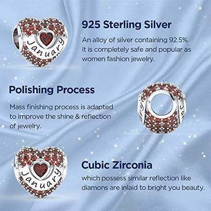 Birthstone Charms Love Heart Openwork Bead Charm for Women Bracelets and Necklaces 925 Sterling Silver with 5A Cubic Zirconia,Jewelry Gifts Women - color: January Birthstone Charms
