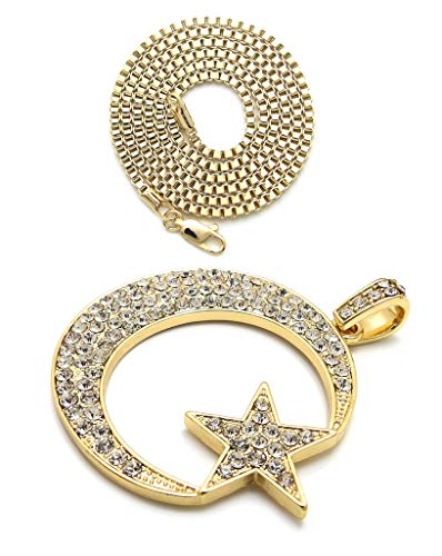 Fashion 21 Unisex Iced Out Crescent Moon & Star Pendant 24" Various Chain Necklace in Gold, Silver Tone - color: Gold / 2mm 24" Box Chain