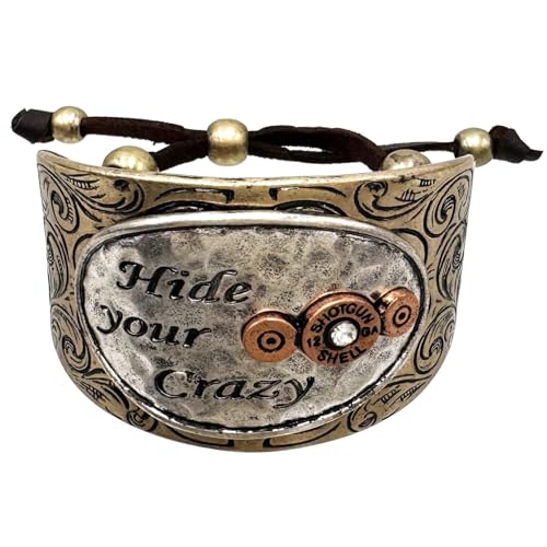 Western Peak Hammered Plate Hide Your Crazy Act Like a Lady 12 Gauge Shotgun Shell Leather Cuff Bracelet Necklace - color: Silver Copper