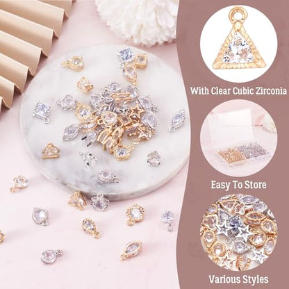 Beadthoven 1 Box 80Pcs 10 Styles Cubic Zirconia Alloy Rhinestone Charms Pendants for Necklace Bracelet Earring Jewelry Making Light Gold & Platinum - color: Light Gold & Platinum-Mixed Shape