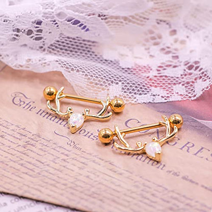 2PCS 14G 316L Stainless Steel Opal Nipple Rings Deer Head Nipple Barbell Nipple Piercings Jewelry for Women - color: gold