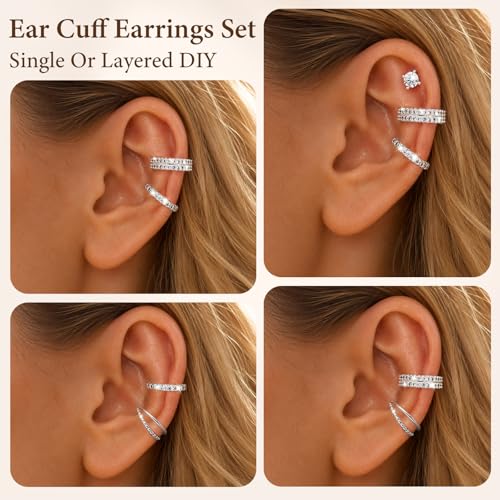 4PCS 14K Gold Plated Ear Cuffs, Ears Clip On Earrings for Women | Adjustable Non Piercing Ears Clip Design, Sparkling Cubic Zirconia, Stackable Single Wear, Gift Box For All Occasions - color: SILVER