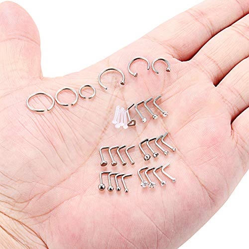 SCERRING 18G Stainless Steel L-Shaped Nose Stud Rings Tragus Lip Hoop Piercing Jewelry 1.5-3mm Clear CZ 8-30PCS - color: 30PCS - Silver