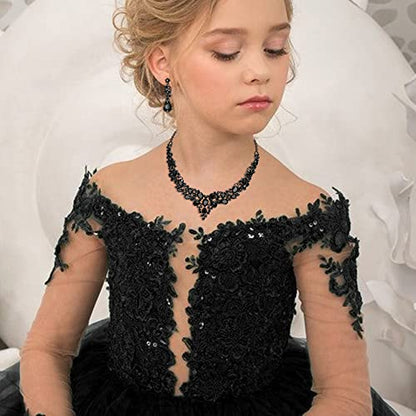 Wedding Statement Necklace Clip-on Earrings Jewelry Set | Sparkling Austrian Crystal Teardrop Cluster for Party Prom Accessories - color: 02-Black Black-Tone