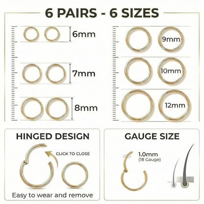 6Pairs Nose Rings Hoops - 316L Surgical Steel Hinged Nose Hoops 16G/18G/20G Clicker Septum Nose Ring Lip Helix Cartilage Hoop Earring Daith Rook Conch Body Piercing Jewelry for Women Men 6mm 7mm 8mm 9mm 10mm 12mm - color: Gold, size: 18 gauge(1mm)
