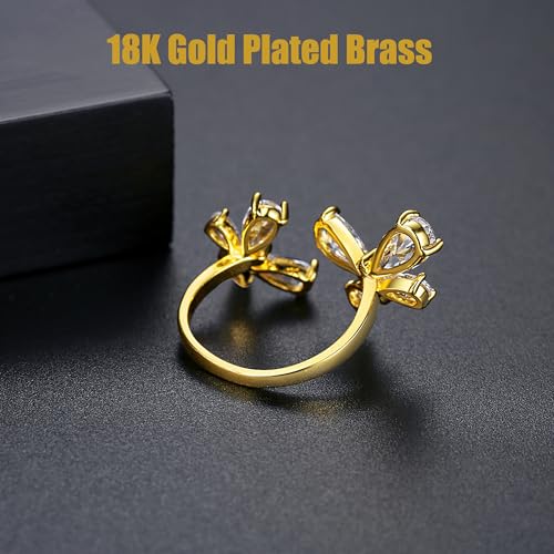 18K Gold Plated Rings for Women and Teen Girls Non Tarnish Cubic Zirconia Fidget Ring Butterfly/Snake/Mesh/Cross/Crown Knuckle Ring Open Adjustable Statement Stacking Chunky Rings - color: Butterfly