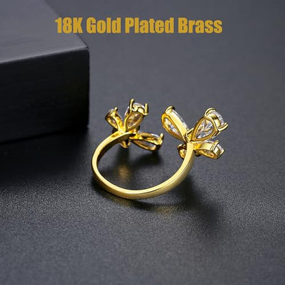 18K Gold Plated Rings for Women and Teen Girls Non Tarnish Cubic Zirconia Fidget Ring Butterfly/Snake/Mesh/Cross/Crown Knuckle Ring Open Adjustable Statement Stacking Chunky Rings - color: Butterfly