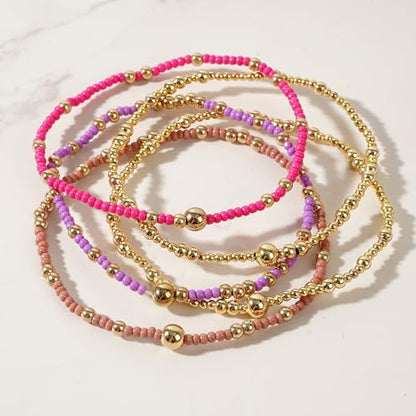 Stack Small Seed Bead Bracelets Set for Women, Boho Handmade Colorful Stretch Accessories Jewelry, Summer Beach Daily Wear Holiday Friendship Gift - color: Purple