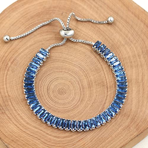 Uloveido Classic Emerald Cut Rectangular Cubic Zirconia Eternity Tennis Bracelet Adjustable for Women Y1788 - color: Platinum-blue