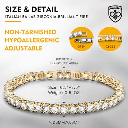BUMBLEBEE Handmade Tennis Bracelet for Women | White Gold Plated,Italian 5A Cubic Zirconia, Hypoallergenic, Adjustable 6–7.5 Inch Jewelry Gift Anniversary, Birthday - color: Gold, size: 6"