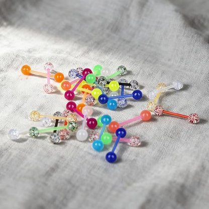 32 Pcs Glow in the Dark Acrylic Tongue Rings, 14G | Straight acrylic barbells, assorted luminous colors, lightweight body jewelry, daily and party styling