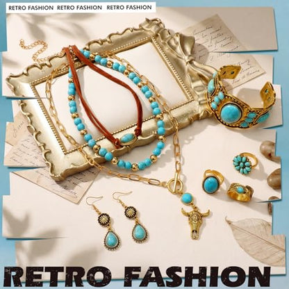 Ecally Bohemian Western Jewelry Turquoise Set Women Country Pendant Long Choker Layered Bracelets Earrings Ring for Women - color: Gold, style: Shiny