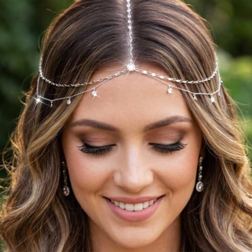 BARTOSI Rhinestone Head Chain Silver Wedding Headpiece Jewelry for Women | Boho Crystal Head Chain Silver Forehead Layered Headband Prom Bridal Hair Accessories - color: A-Silver