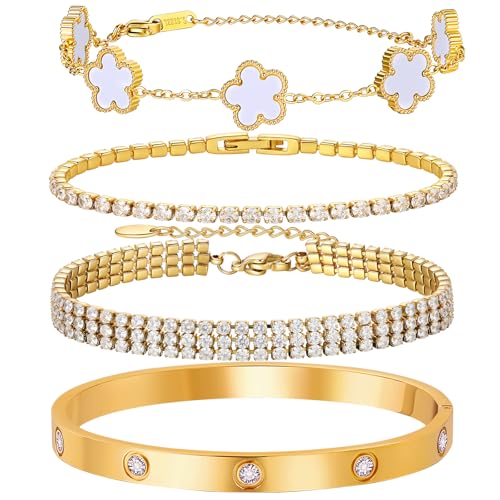 18 K Gold Plated Love Bangle Bracelet Stack for Women,Set of 4 Floral Clover Chain, Tennis Crystal &Gold Stackable Bangle Bracelet -Adjustable Layered Jewelry Gift for Wife Valentines Mother's Day-MVCOLEDY - color: White Flower CZ