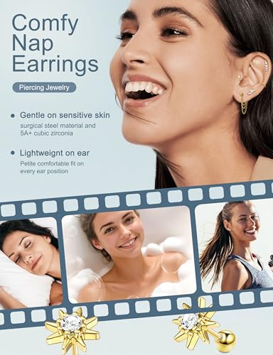 ORAZIO 16 Gauge Cartilage Earrings for Women-Hypoallergenic Surgical Stainless Steel Tragus Earring Set Threadless Flat Back Earrings Push in Nose Studs Daith Conch Tragus Helix Piercing Jewelry - color: Gold Tone