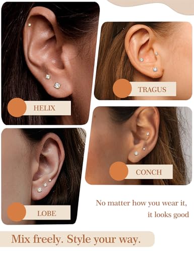 3 Pairs Moissanite Flatback Stud Earrings for Women, 925 Sterling Silver Hypoallergenic Flat Back Cartilage Earrings Set, 18K White Gold Plated - color: 14K Gold, size: 2,3,4mm