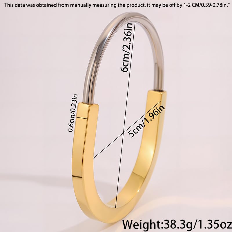 Two Tone Gold Bracelet for Women Lock Inspired Design, Stainless Steel Open Cuff Bangle, Minimalist Gift Jewelry