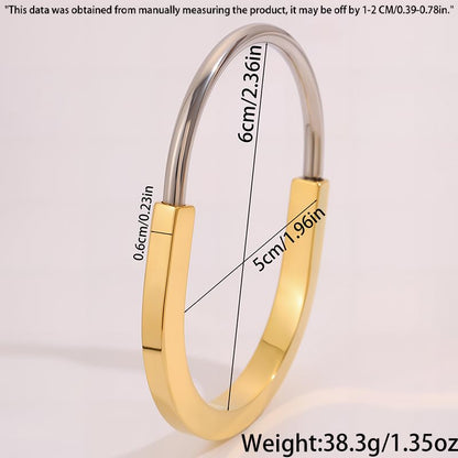 Two Tone Gold Bracelet for Women Lock Inspired Design, Stainless Steel Open Cuff Bangle, Minimalist Gift Jewelry