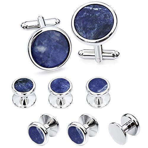 HAWSON Fashion Mother-of-Pearl Tuxedo Shirt Button and Cufflink Set, Specially Designed for Wedding Business - color: Silver Tone- Blue Vein